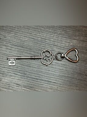 Silver Key Charm Keychain with Heart Ring